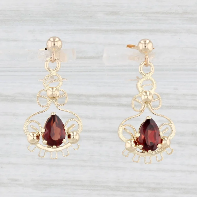 Wedding Stud Earrings-1ctw Garnet Filigree Dangle Earrings 14k Yellow Gold Drops