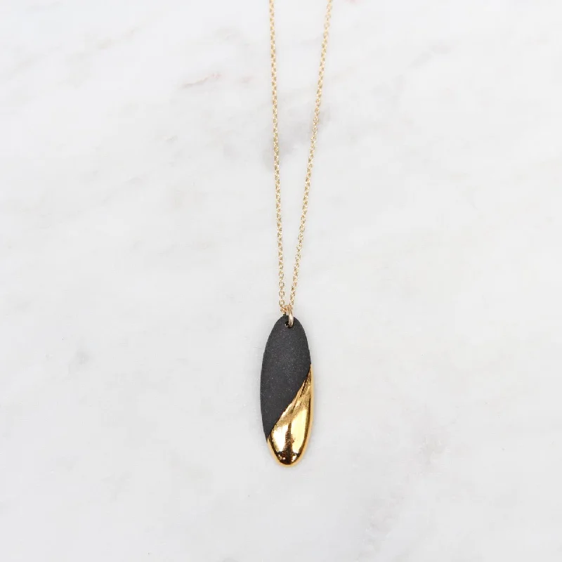 Elegant Teardrop Necklace for Special Occasions-Gold Dipped Long Oval Necklace - Black