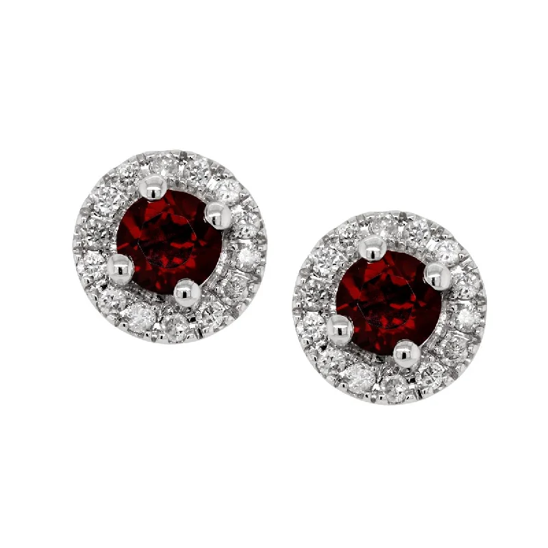 Multi-Layered Earrings-WHITE GOLD GARNET STUD EARRINGS WITH DIAMOND HALOS, .10 CT TW