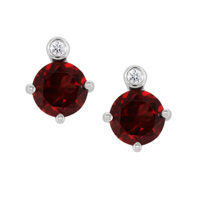 Diamond Stud Earrings-STERLING SILVER GARNET STUDS WITH DIAMOND ACCENTS, .02 CT TW