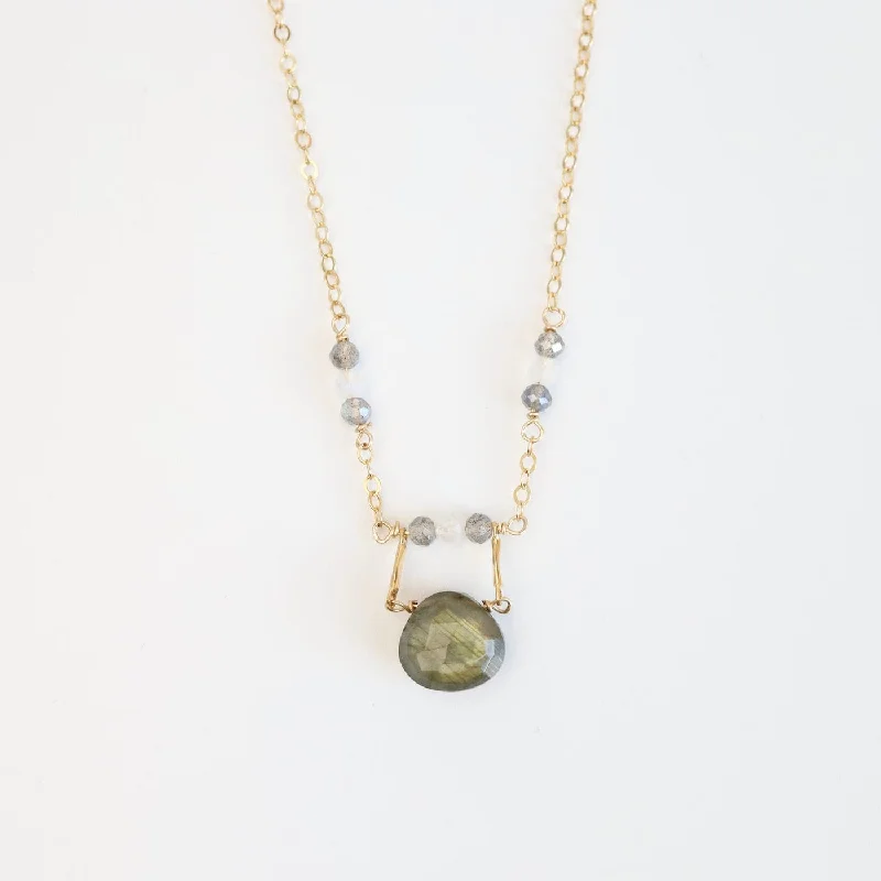 Luxury Emerald Necklace for Weddings-Gold Filled Drop Down Labradorite & Moonstone Necklace