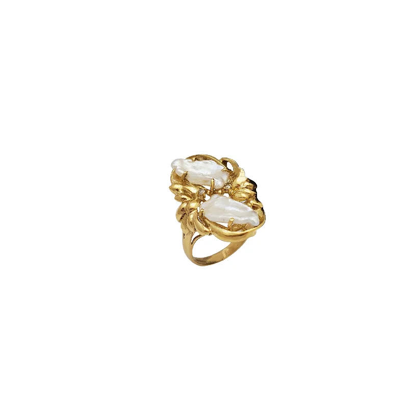 Classic Engagement Ring with Diamond-Two Baroque Pearl Ring (14K)