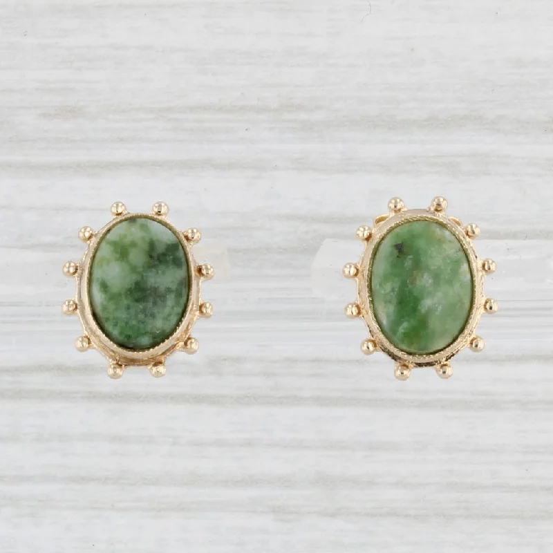 Gemstone Earrings for Weddings-Green Nephrite Jade Stud Earrings 10k Yellow Gold Vintage Oval Solitaires