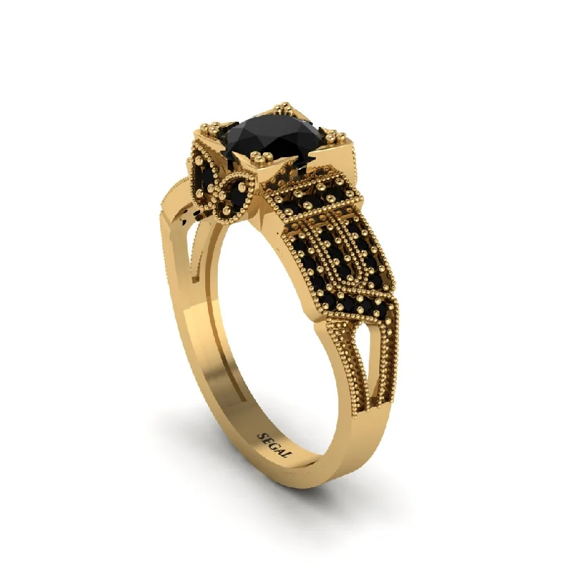 Personalized Men’s Ring with Engraving-Black Diamond Milgrain Gold Engagement Ring - Lyric No. 37