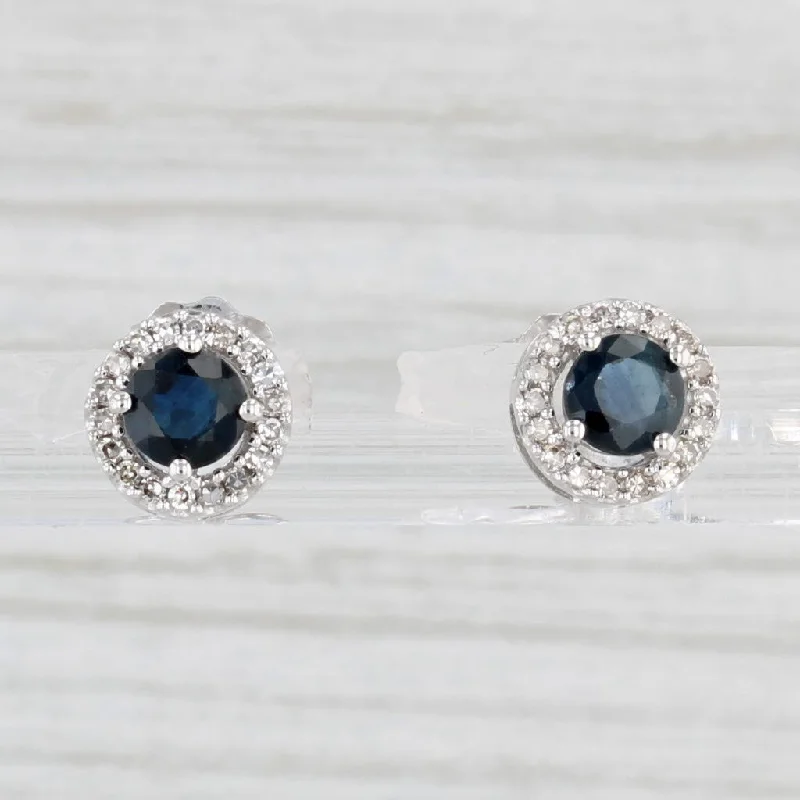 Celestial Hoop Earrings-0.77ctw Round Blue Sapphire Diamond Halo Stud Earrings 10k White Gold