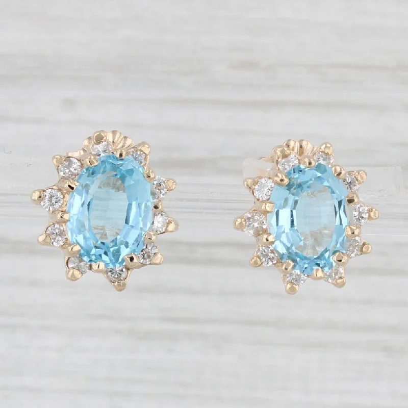 Turquoise Earrings for Casual Wear-4.64ctw Blue Topaz Diamond Halo Stud Earrings 14k Yellow Gold