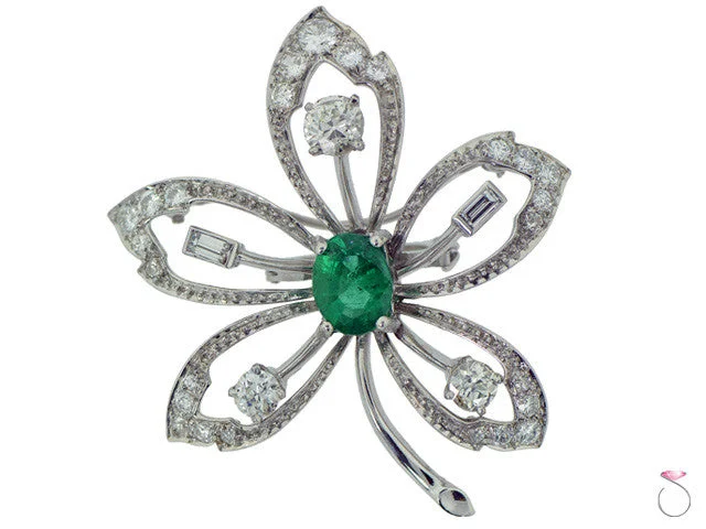 Elegant Gemstone Brooch with Leaf Motif-Victorian 2.10ct Emerald 1.75ctw Diamond Flower Brooch in Platinum