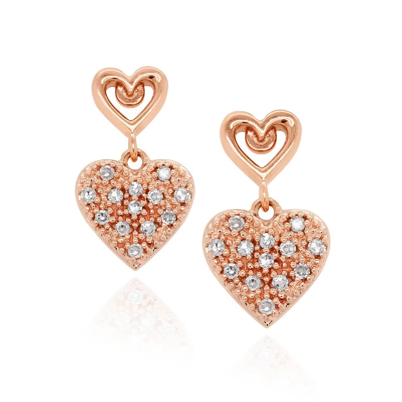 Sparkling Earrings for Evening-ROSE GOLD HEART SHAPED DANGLE EARRINGS WITH DIAMONDS, .10 CT TW