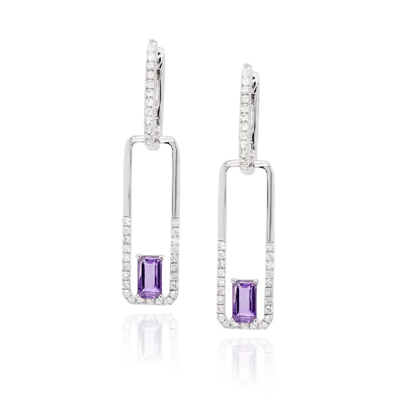 Colorful Acrylic Earrings-MODERN WHITE GOLD DANGLE EARRINGS WITH EMERALD CUT AMETHYSTS AND ROUND DIAMONDS, .36 CT TW