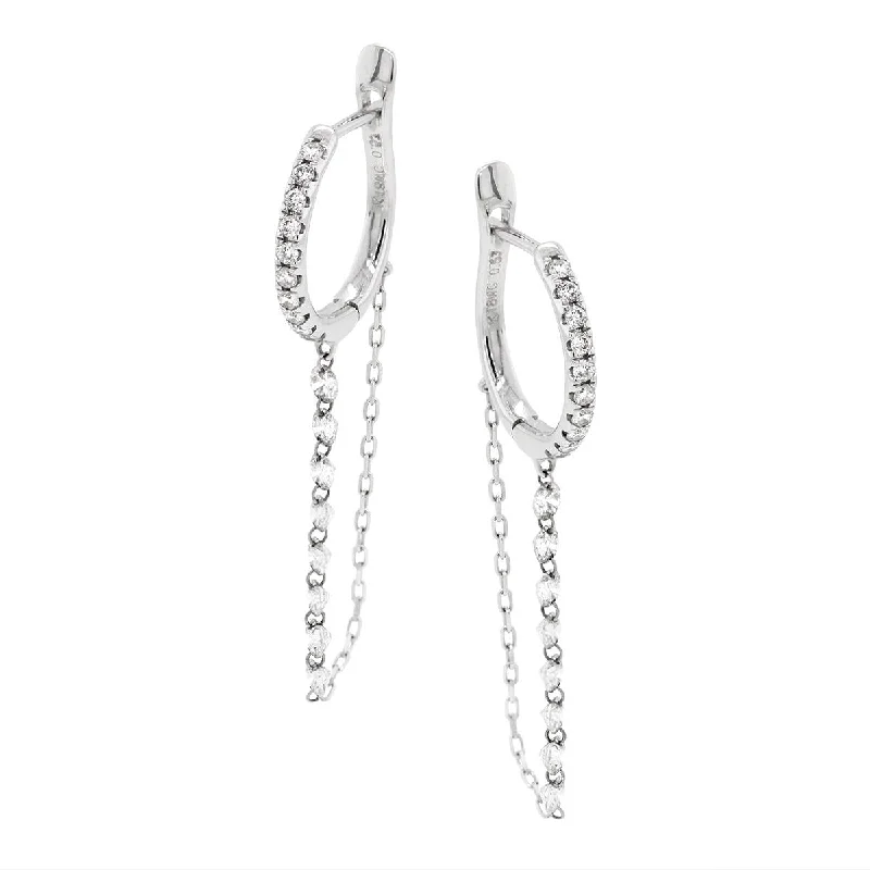 Large Hoop Earrings-WHITE GOLD DIAMOND HOOP EARRINGS WITH DANGLING CHAINS, 1.07 CT TW