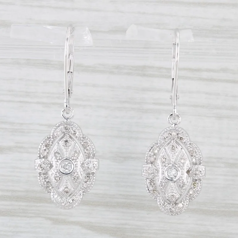 Leather Earrings for Women-0.25ctw Diamond Dangle Earrings 14k White Gold Ornate Openwork Lever Backs