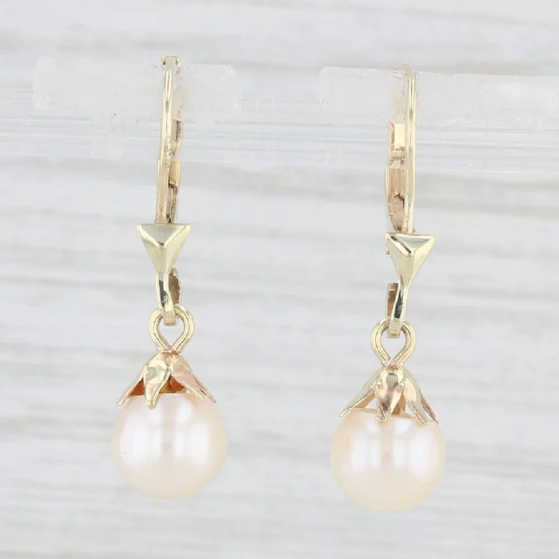 Dazzling Gold Earrings-Vintage Cultured Pearl Dangle Earrings 14k Yellow Gold Lever Backs