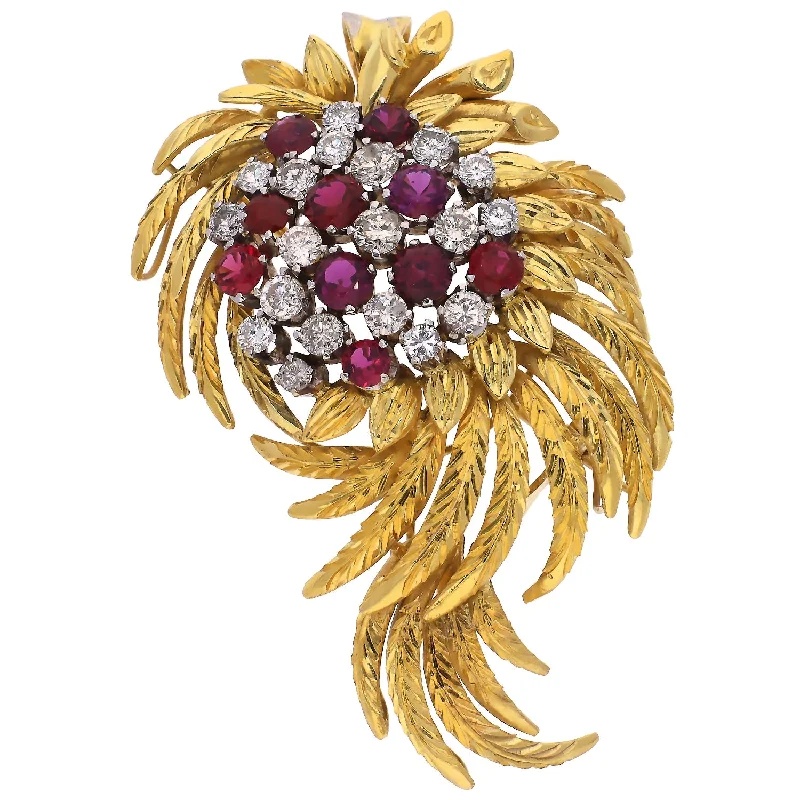 Classic Crystal Brooch with Gemstone Inlays-14K Yellow Gold Diamond and Ruby Pendant/Brooch