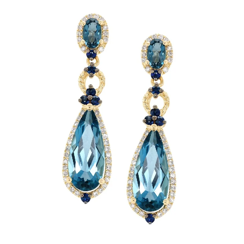 Gothic Earrings for Dark Fashion-YELLOW GOLD EARRINGS WITH BLUE TOPAZ, SAPPHIRE AND DIAMONDS, 32 CT TW