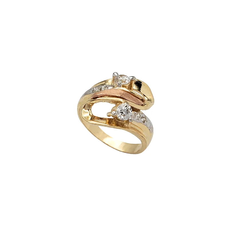 Vintage-inspired Engagement Ring with Sapphire-Zirconia Tricolor Bypass Ring (14K)