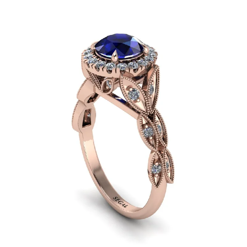 Simple Men’s Gold Ring with Engraving-Sapphire Halo Nature Inspired Leaf Engagement Ring - Alessandra No. 14