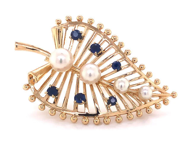 Trendy Brooch with Crystal and Gemstone Inlays-Mikimoto Pearl and Blue Sapphire Leaf Brooch in 14k Yellow Gold