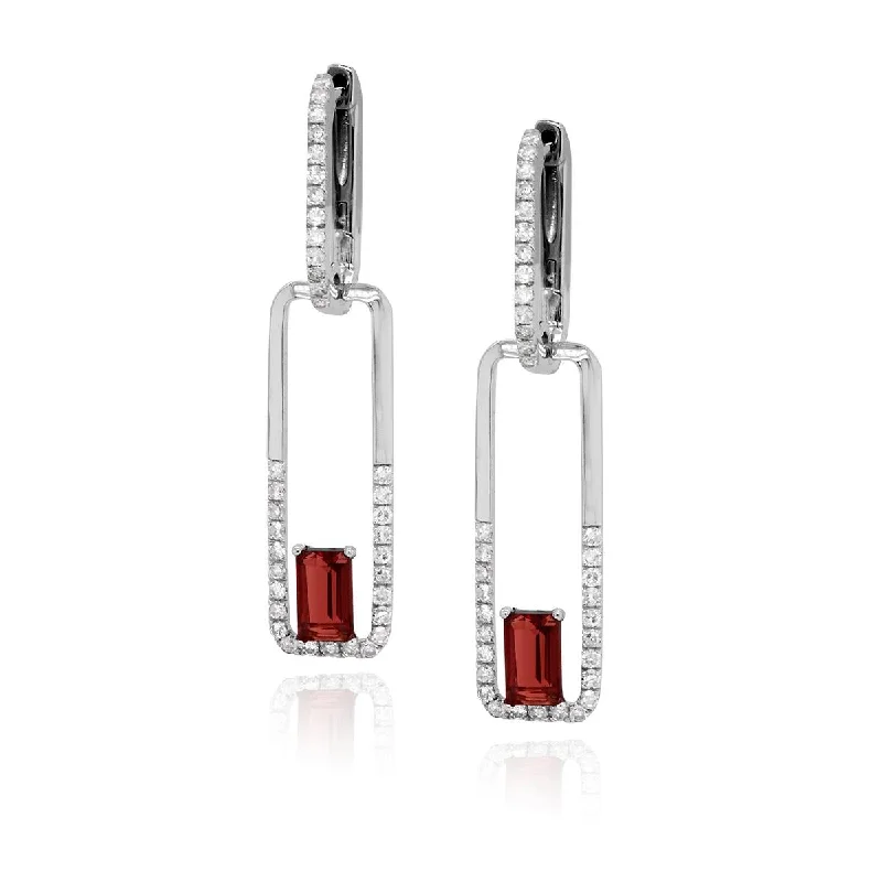 Animal Shaped Earrings-WHITE GOLD PAPERCLIP STYLE GARNET AND DIAMOND DANGLE EARRINGS, .36 CT TW