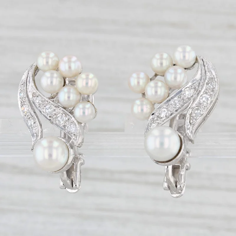 Chic Earrings for Women-Cultured Pearl Diamond Earrings 14k White Gold Clip On Non Pierced