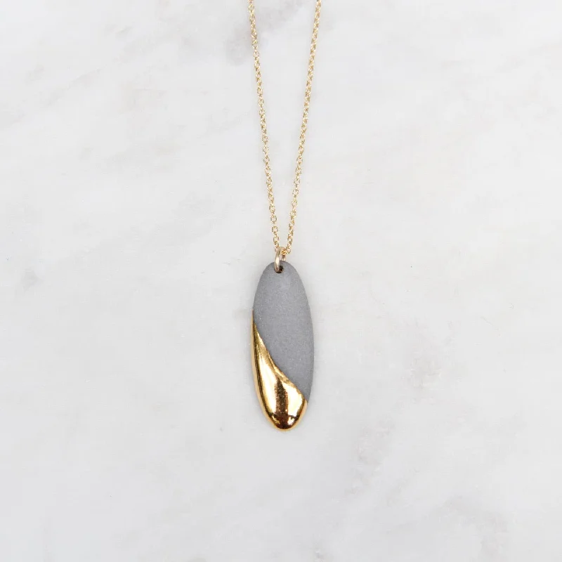 Handmade Silver Necklace for Weddings-Gold Dipped Long Oval Necklace - Grey