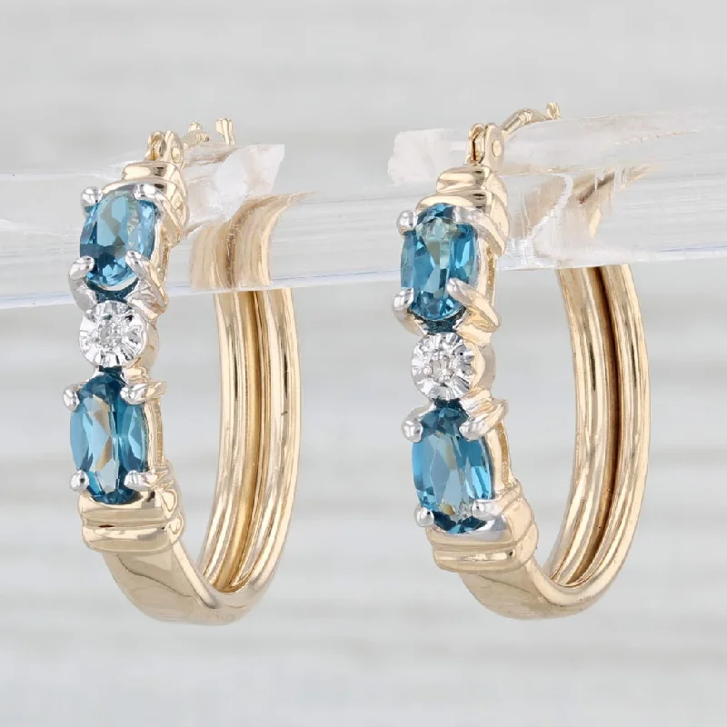 Small Hoop Earrings-1ctw London Blue Topaz Hoop Earrings 10k Yellow Gold Round Hoops Diamond Accents