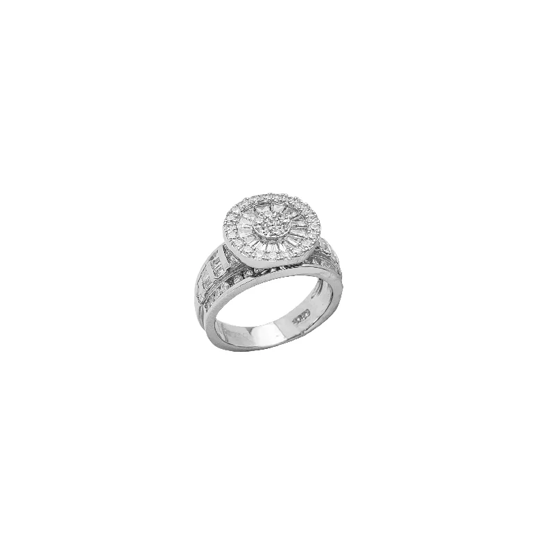 Simple Diamond Ring for Everyday Wear-Iced-Out Round & Baguette Engagement Ring (Silver)