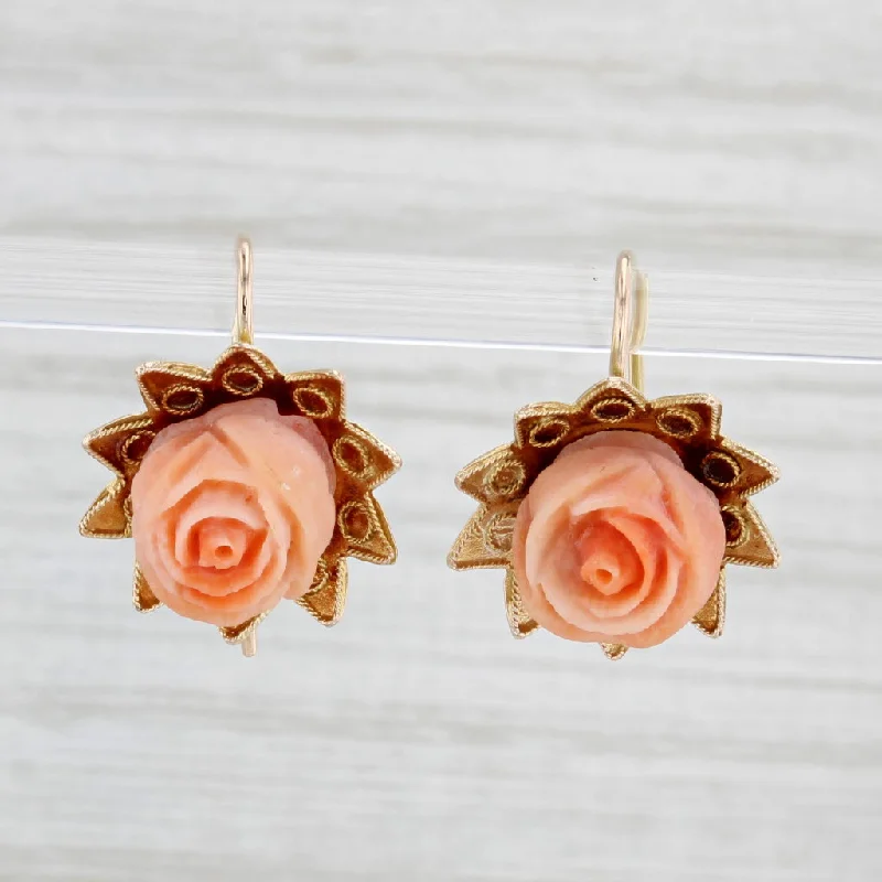 Sparkling Drop Earrings-Antique Carved Coral Rose Flower Earrings 10k Yellow Gold Drops