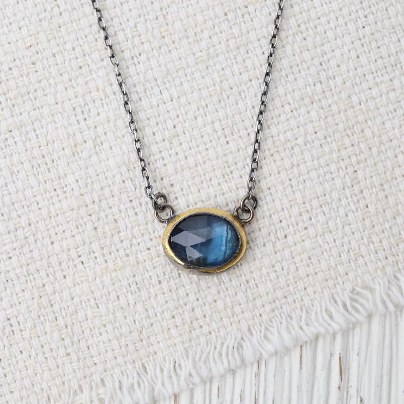 Bohemian Style Necklace for Women-Petite Teal Kyanite Crescent Rim Necklace