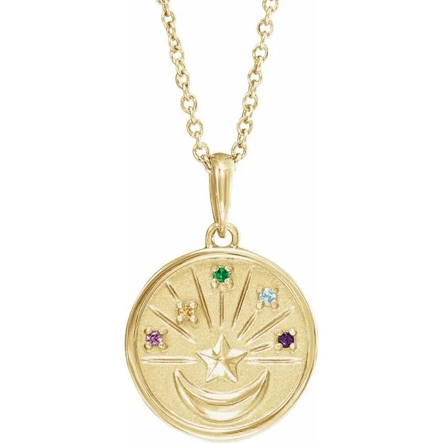 Classic Teardrop Necklace for Brides-14K Yellow Gold Petite Multi-Gemstone Celestial Coin 18" Necklace