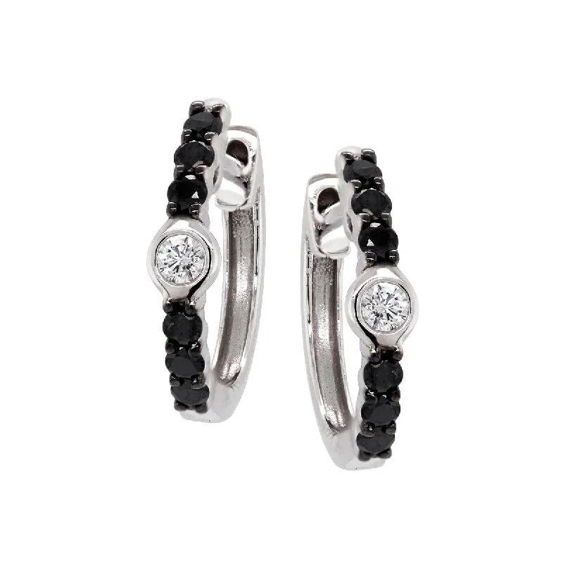 Tiny Stud Earrings for Kids-WHITE GOLD HUGGY HOOP EARRINGS WITH BLACK AND WHITE DIAMONDS, .24 CT TW