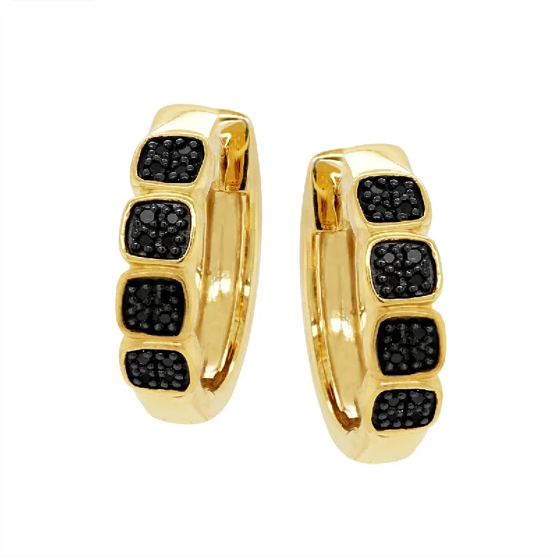 Flower Earrings for Spring-YELLOW GOLD HOOP EARRINGS WITH BLACK DIAMONDS, .10 CT TW