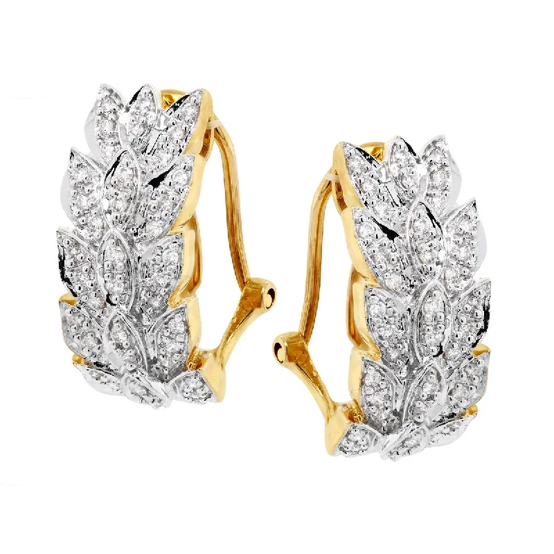 Classic Hoop Earrings-TWO-TONE GOLD DIAMOND HOOP EARRINGS WITH LEAF DESIGN, 1/2 CT TW