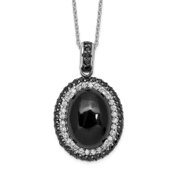 Luxury Gold Necklace with Diamonds-Sterling Silver Oval Onyx with Black and White CZ Necklace