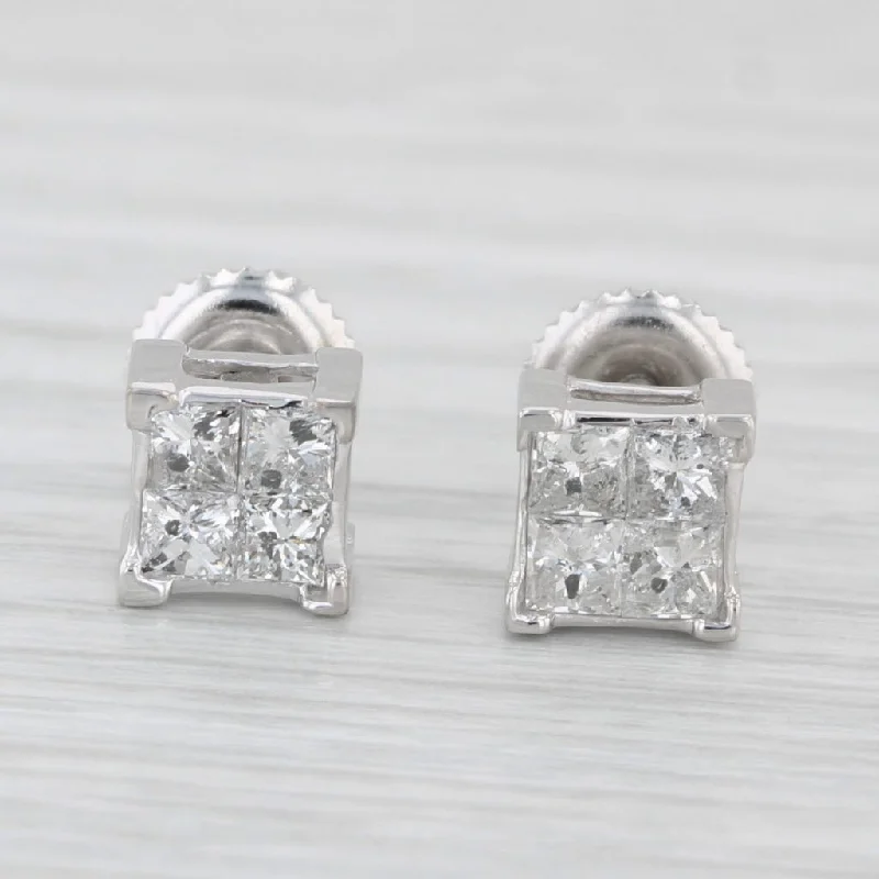 Crystal Gemstone Earrings-0.70ctw Princess Diamond Stud Earrings 14k White Gold