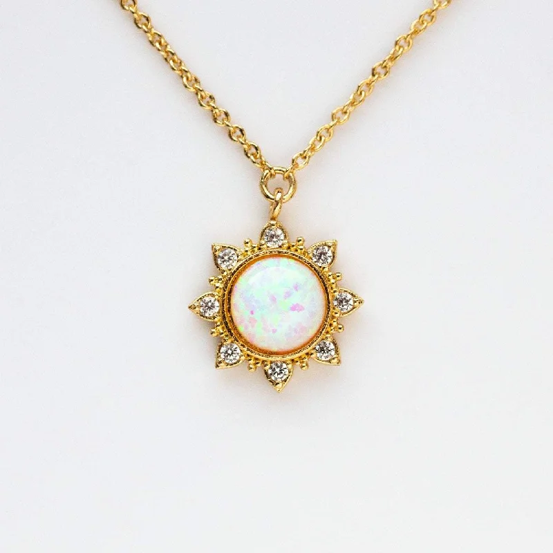 Custom Birthstone Necklace for Moms-White Opal Sun Necklace