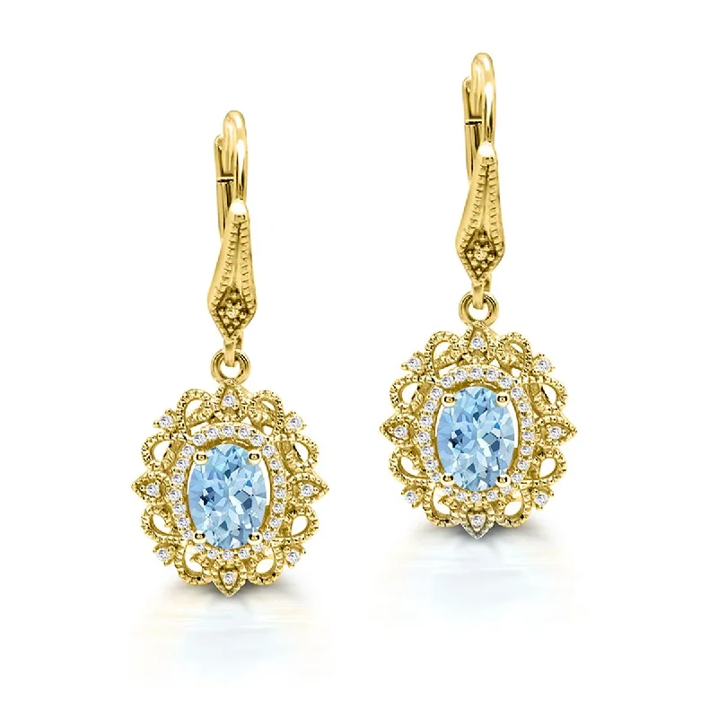 Dainty Earrings for Daily Wear-YELLOW GOLD OVAL AQUAMARINE DANGLE EARRINGS WITH SIDE DIAMONDS, 1/6 CT TW