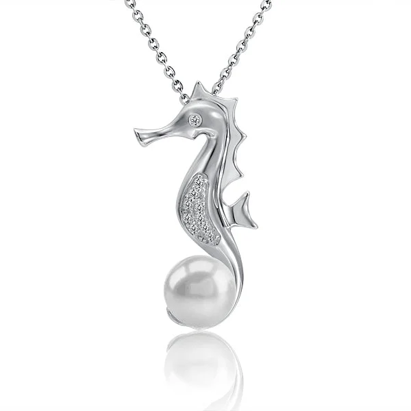 Minimalist Silver Necklace-Pearl Seahorse Pendant by Alamea