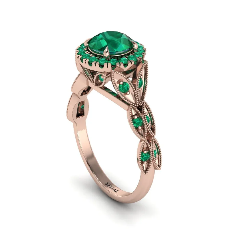 Bohemian Style Ring with Gemstones-Emerald Halo Nature Inspired Leaf Engagement Ring - Alessandra No. 20