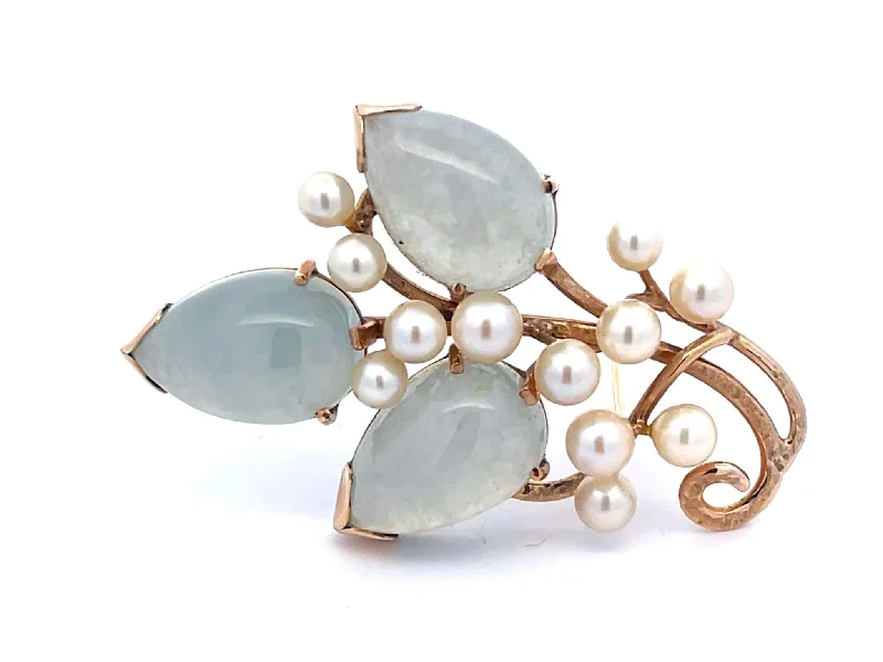 Vintage-Inspired Brooch with Colorful Stones-Mings Light Jade Leaf and Pearl Branch Brooch in 14k Yellow Gold