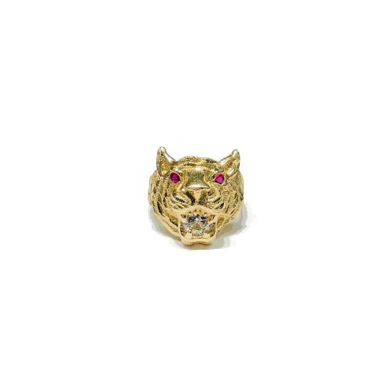 Elegant Silver Ring with Sapphire Stone-Golden Tiger Head Cubic Zirconia Ring