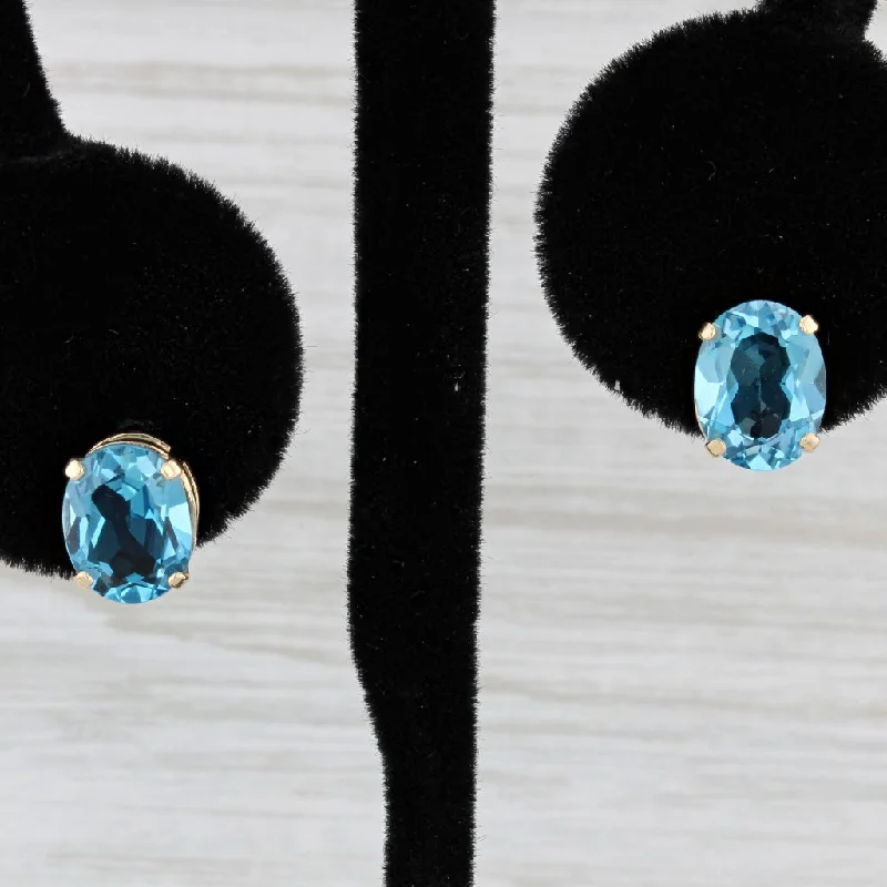 Boho Style Earrings-4ctw Oval Blue Topaz Stud Earrings 14k Yellow Gold