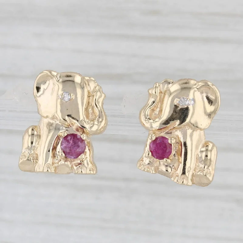 Wedding Earrings for Bridesmaids-0.28ctw 0.25ctw Ruby Diamond Elephant Stud Earrings 10k Yellow Gold