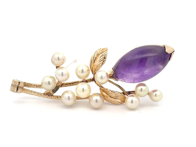 Classic Gold Brooch with Birthstone Accents-Mings Purple Amethyst and Akoya Pearl Brooch in 14k Yellow Gold