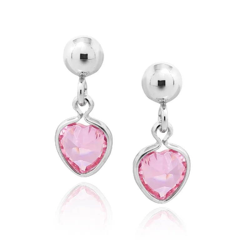 Clear Crystal Earrings-STERLING SILVER CHILDREN'S HEART DANGLE EARRINGS WITH PINK CUBIC ZIRCONIA