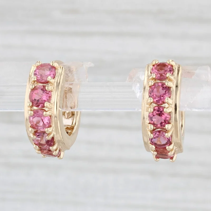 Unique Bridal Earrings-1.15ctw Pink Tourmaline Hoop Huggie Earrings 14k Yellow Gold Round Hoops