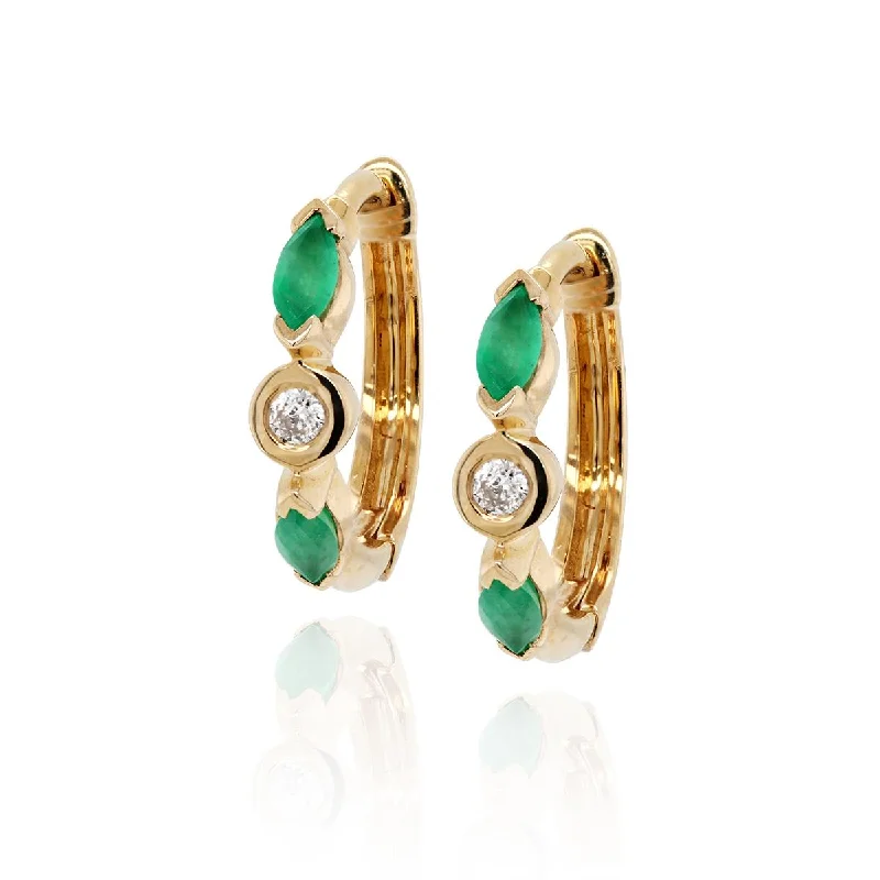 Ethnic Style Earrings-YELLOW GOLD HOOP EARRINGS WITH MARQUISE EMERALDS AND ROUND DIAMONDS, .06 CT TW