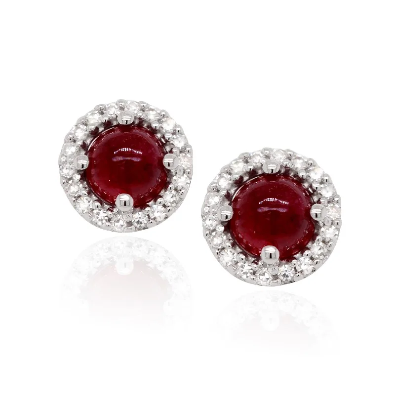 Funky Earrings for Teens-WHITE GOLD CLASSIC RUBY STUD EARRINGS WITH DIAMOND HALO, .10 CT TW