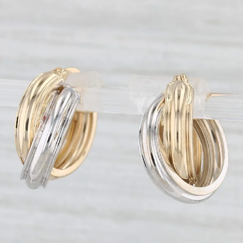 Faux Pearl Earrings-2-Toned Hoop Huggie Earrings 14k White Yellow Gold Snap Top Round Hoops