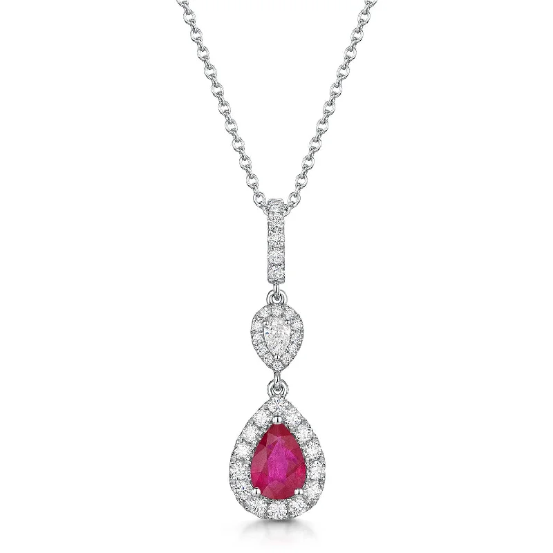 Elegant Long Necklace with Charms-18ct White Gold Pear Cut Ruby And Diamond Pendant