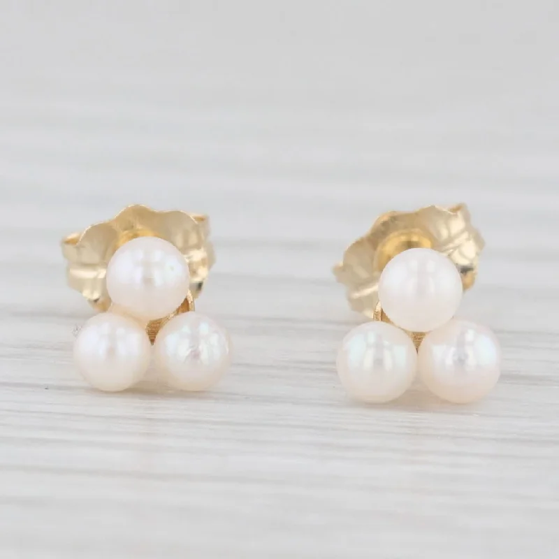 Sparkly Diamond Earrings-3-Stone Cluster Cultured Pearl Stud Earrings 10k Yellow Gold